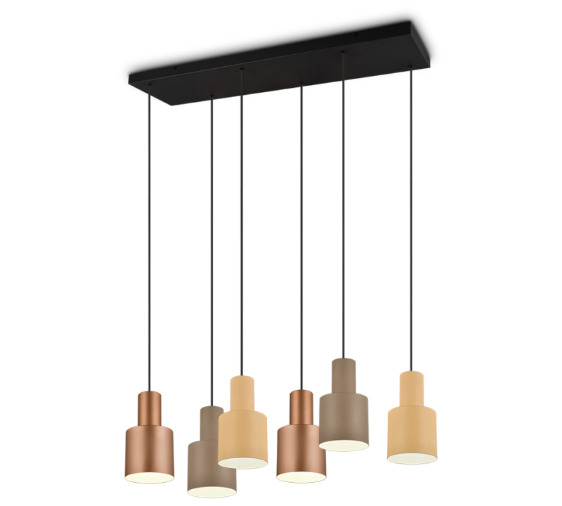 Een moderne hanglamp met zes cilindrische kappen in verschillende aardtinten, opgehangen aan een zwarte rechthoekige basis met zwarte snoeren.