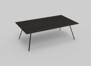 Een rechthoekige donkere houten tafel met slanke zwarte metalen poten tegen een lichtgrijze achtergrond. Het minimalistische ontwerp toont een moderne en eenvoudige esthetiek.