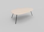 Een minimalistische, ovale houten salontafel met slanke, zwarte metalen poten tegen een effen grijze achtergrond.