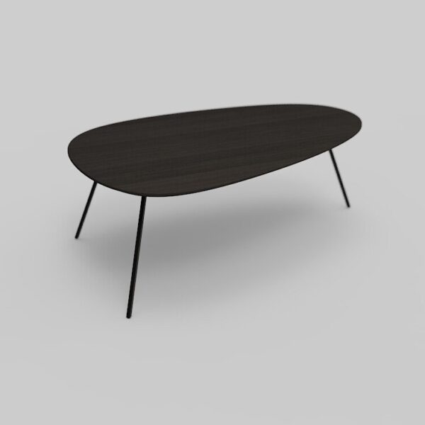 Een ellipsvormige houten salontafel met een donkere afwerking en slanke, zwarte metalen poten, tegen een effen grijze achtergrond.