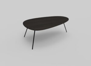 Een moderne, ovale salontafel met een donker houten blad en drie slanke, zwarte metalen poten tegen een lichtgrijze achtergrond.