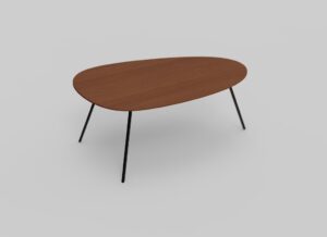 Een moderne, ovale houten salontafel met slanke, zwarte metalen poten, afgebeeld tegen een effen lichtgrijze achtergrond.