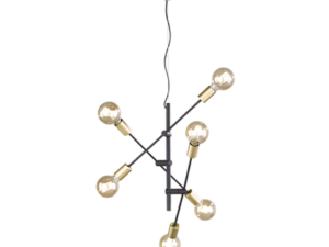 Moderne kroonluchter met zes zichtbare lampen, elk gemonteerd op zwarte metalen staven die in verschillende richtingen uitsteken vanaf een centrale hub. Het armatuur hangt aan een zwart snoer, wat een eigentijdse en industriële look creëert.