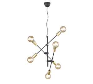 Moderne kroonluchter met zes zichtbare lampen, elk gemonteerd op zwarte metalen staven die in verschillende richtingen uitsteken vanaf een centrale hub. Het armatuur hangt aan een zwart snoer, wat een eigentijdse en industriële look creëert.