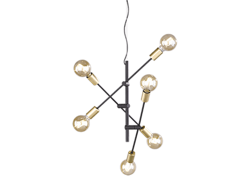 Moderne kroonluchter met zes zichtbare lampen, elk gemonteerd op zwarte metalen staven die in verschillende richtingen uitsteken vanaf een centrale hub. Het armatuur hangt aan een zwart snoer, wat een eigentijdse en industriële look creëert.