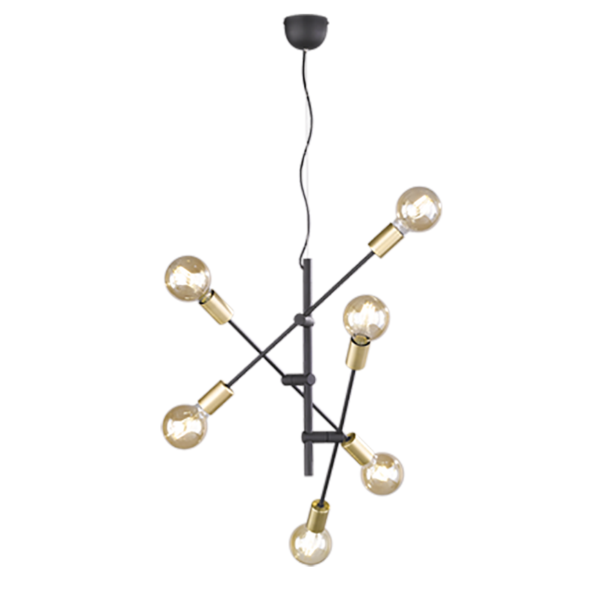 Moderne kroonluchter met zes zichtbare lampen, elk gemonteerd op zwarte metalen staven die in verschillende richtingen uitsteken vanaf een centrale hub. Het armatuur hangt aan een zwart snoer, wat een eigentijdse en industriële look creëert.