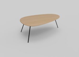 Een moderne, ovale houten tafel met zwarte, slanke poten tegen een effen grijze achtergrond.