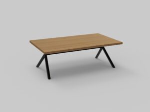 De JURA SALONTAFEL120 E14M is een rechthoekige houten tafel met een lichtbruin blad en schuin geplaatste, zwarte metalen poten, afgebeeld tegen een effen grijze achtergrond.