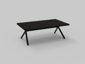 De Izola SALONTAFEL.RO80 E02M is een rechthoekige donkerbruine houten tafel met schuine poten, afgebeeld op een effen lichtgrijze achtergrond.
