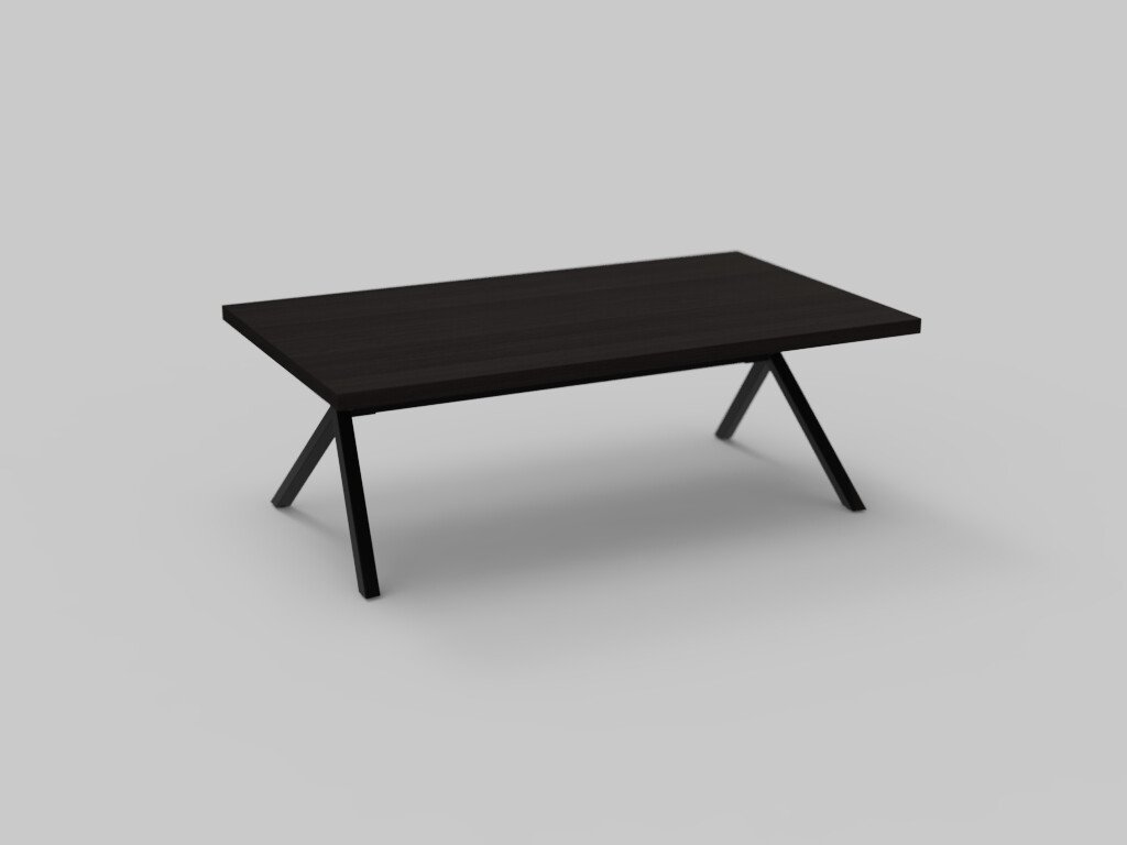 Een minimalistische zwarte salontafel met een rechthoekig blad en twee schuine, V-vormige poten, tegen een lichtgrijze achtergrond.