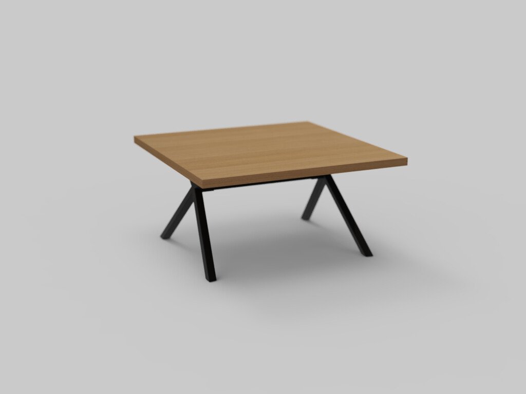 Een vierkante salontafel van hout met een lichtbruine afwerking en zwarte metalen poten, gerangschikt in een A-vorm, tegen een effen grijze achtergrond.