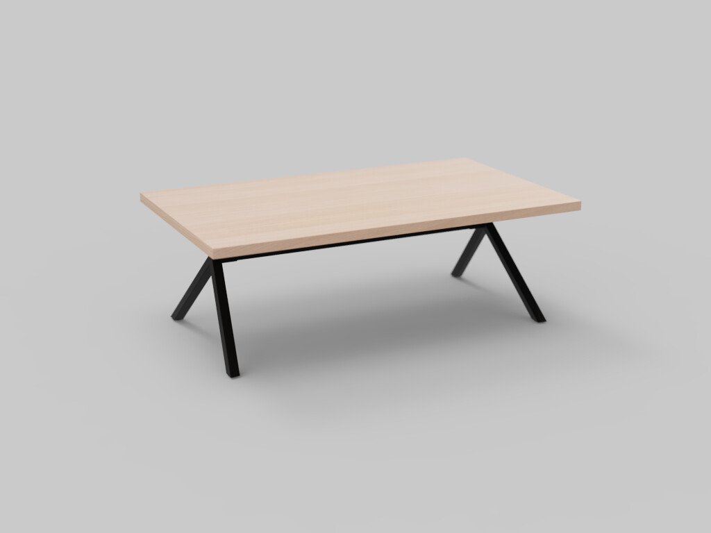 Een moderne rechthoekige houten salontafel met een licht houten oppervlak en strakke, zwarte, metalen, schuine poten, tegen een effen grijze achtergrond.