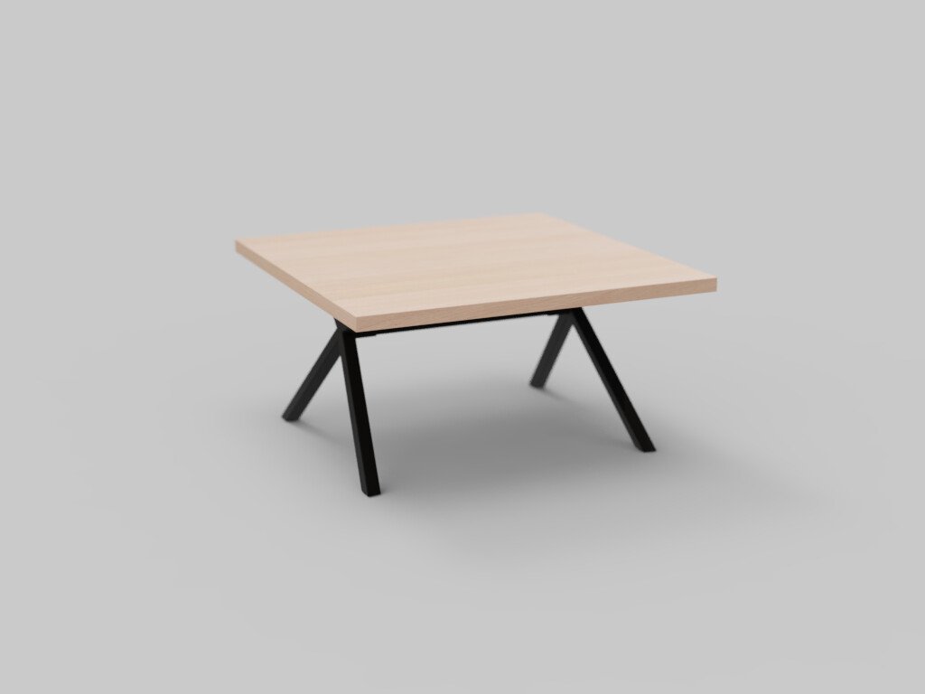 Een minimalistische vierkante houten tafel met strakke, zwarte metalen poten, tegen een effen grijze achtergrond.
