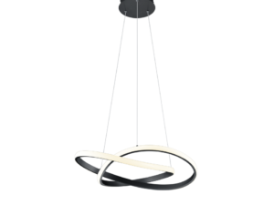 Moderne plafondlamp met drie verweven zwarte en witte LED-ringen opgehangen aan kabels. Het ontwerp is strak en minimalistisch, hangend aan een ronde zwarte houder.