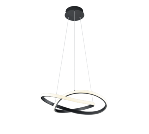 Moderne plafondlamp met drie verweven zwarte en witte LED-ringen opgehangen aan kabels. Het ontwerp is strak en minimalistisch, hangend aan een ronde zwarte houder.