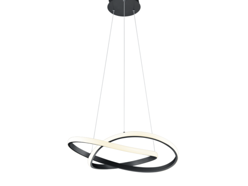 Moderne plafondlamp met drie verweven zwarte en witte LED-ringen opgehangen aan kabels. Het ontwerp is strak en minimalistisch, hangend aan een ronde zwarte houder.