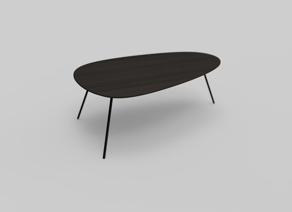 Een moderne, zwarte, ovale salontafel met drie slanke poten staat tegen een effen, lichtgrijze achtergrond. Het ontwerp is minimalistisch en strak.
