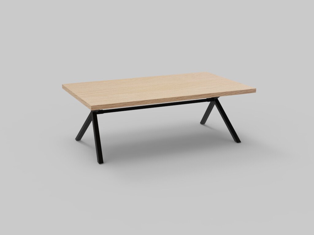 Een minimalistische houten salontafel met een lichtbruin rechthoekig blad en zwarte metalen A-vormige poten, afgezet tegen een effen grijze achtergrond.