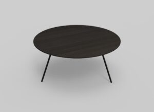 Een minimalistische ronde salontafel met een donker houten blad en drie slanke zwarte metalen poten, afgezet tegen een effen lichtgrijze achtergrond.