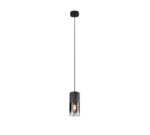 Een enkele zwarte hanglamp in industriële stijl met een cilindrische staaf en een zichtbare lamp hangt aan het plafond. De armatuur is minimalistisch en modern van ontwerp.