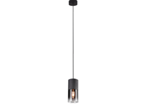 Een enkele zwarte hanglamp in industriële stijl met een cilindrische staaf en een zichtbare lamp hangt aan het plafond. De armatuur is minimalistisch en modern van ontwerp.