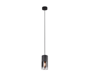 Een enkele zwarte hanglamp in industriële stijl met een cilindrische staaf en een zichtbare lamp hangt aan het plafond. De armatuur is minimalistisch en modern van ontwerp.