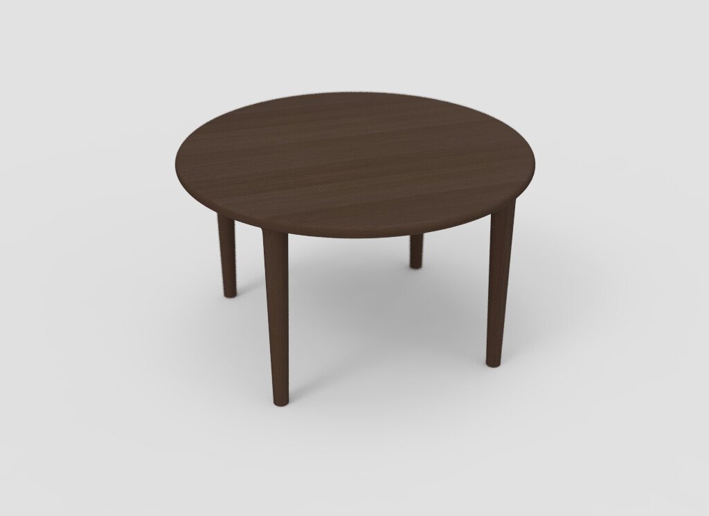 Een eenvoudige, ronde houten tafel met een gladde, donkerbruine afwerking en vier slanke poten, afgezet tegen een effen witte achtergrond.