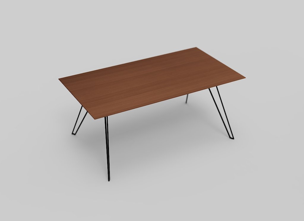 Een minimalistische houten tafel met een rechthoekig bruin blad en slanke zwarte metalen poten, tegen een effen lichtgrijze achtergrond.
