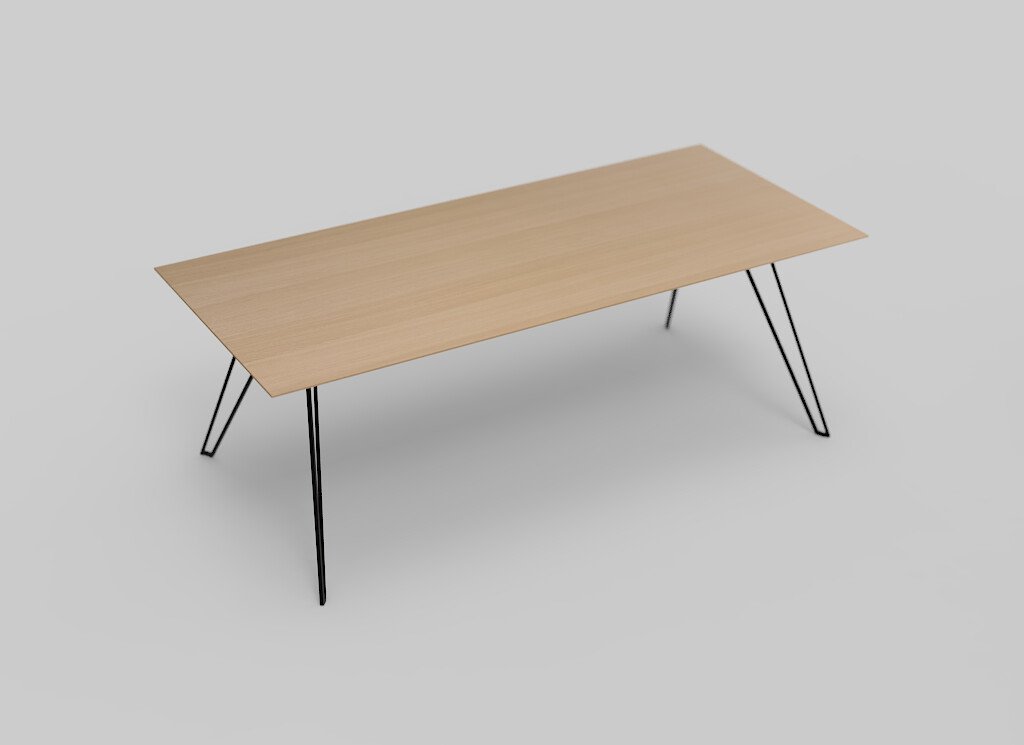 Een minimalistische rechthoekige houten tafel met dunne metalen poten tegen een effen, lichtgrijze achtergrond. Het tafelblad is lichtbruin en de poten staan iets naar buiten, wat een moderne touch toevoegt.