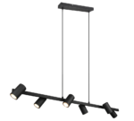Een moderne zwarte railverlichtingsarmatuur met vijf verstelbare cilindrische spots, opgehangen aan het plafond door twee stangen. De armatuur heeft een strak, minimalistisch design en biedt verstelbare verlichtingsopties.