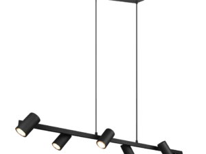 Een moderne zwarte railverlichtingsarmatuur met vijf verstelbare cilindrische spots, opgehangen aan het plafond door twee stangen. De armatuur heeft een strak, minimalistisch design en biedt verstelbare verlichtingsopties.