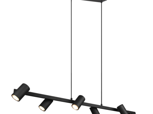 Een moderne zwarte railverlichtingsarmatuur met vijf verstelbare cilindrische spots, opgehangen aan het plafond door twee stangen. De armatuur heeft een strak, minimalistisch design en biedt verstelbare verlichtingsopties.