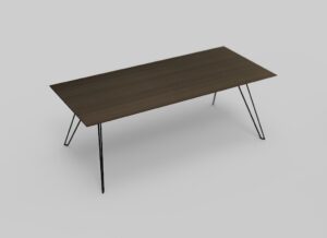 Een minimalistische houten tafel met een rechthoekig blad en dunne, zwarte metalen poten, tegen een lichtgrijze achtergrond.
