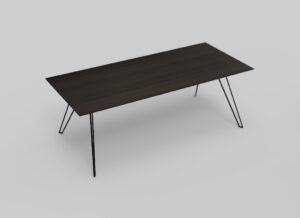 Een minimalistische rechthoekige tafel met een donker houten oppervlak en dunne, zwarte metalen poten, tegen een effen grijze achtergrond.