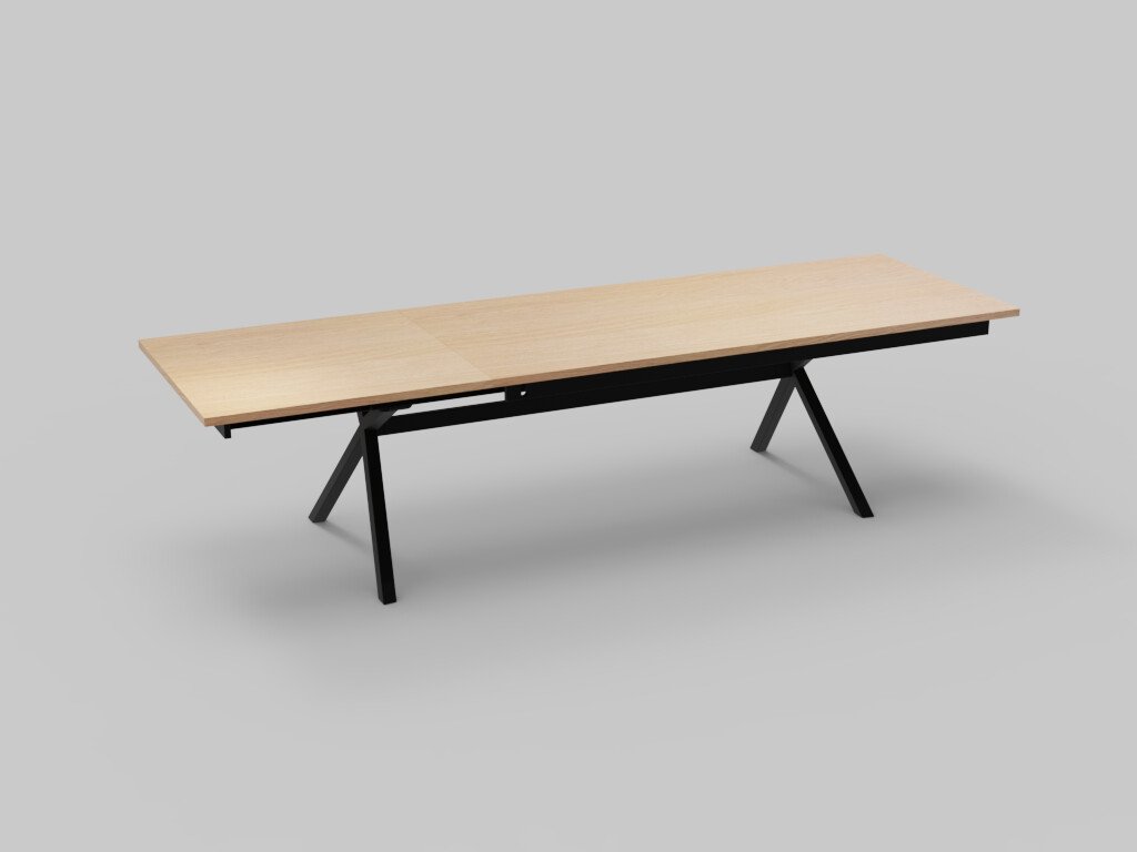 De JURA VERLENGTAFEL 220-320 E02M is een moderne rechthoekige tafel met een licht houten blad en zwarte, schuin geplaatste metalen poten, tegen een effen grijze achtergrond.