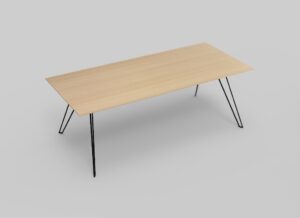 Een minimalistische houten tafel met een rechthoekig blad en vier slanke metalen poten tegen een lichtgrijze achtergrond. Het ontwerp is eenvoudig en elegant, met strakke lijnen en een moderne esthetiek.