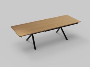Een rechthoekige houten tafel met een glad lichtbruin oppervlak en zwarte metalen poten, tegen een effen grijze achtergrond. De tafel heeft een minimalistisch en modern design.