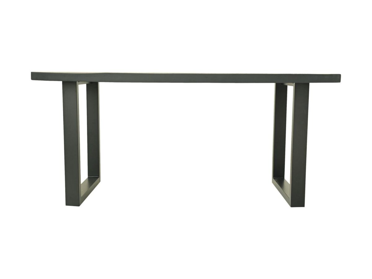 Een minimalistische, rechthoekige, donkergroene tafel met een plat blad en twee U-vormige poten. De tafel heeft een modern design en staat op een witte achtergrond.