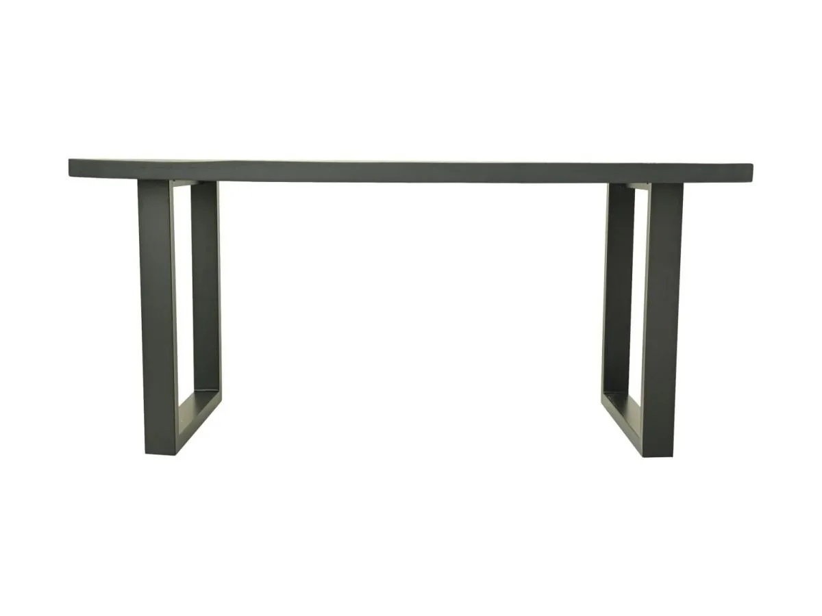 Een minimalistische, rechthoekige, donkergroene tafel met een plat blad en twee U-vormige poten. De tafel heeft een modern design en staat op een witte achtergrond.