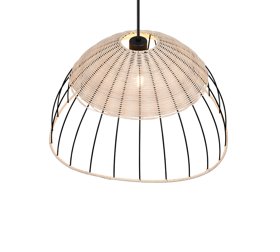 Een moderne hanglamp met een tweelaags design. De bovenste laag heeft een geweven, mandachtig patroon, terwijl de onderste laag bestaat uit verticale zwarte lamellen. Een enkele lamp straalt een warme gloed uit vanuit het midden.