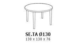 Illustratie van een ronde tafel met vier poten. Daaronder staat de tekst "SE.TA Ø130" en "130 x 130 x 76", wat de afmetingen aangeeft.