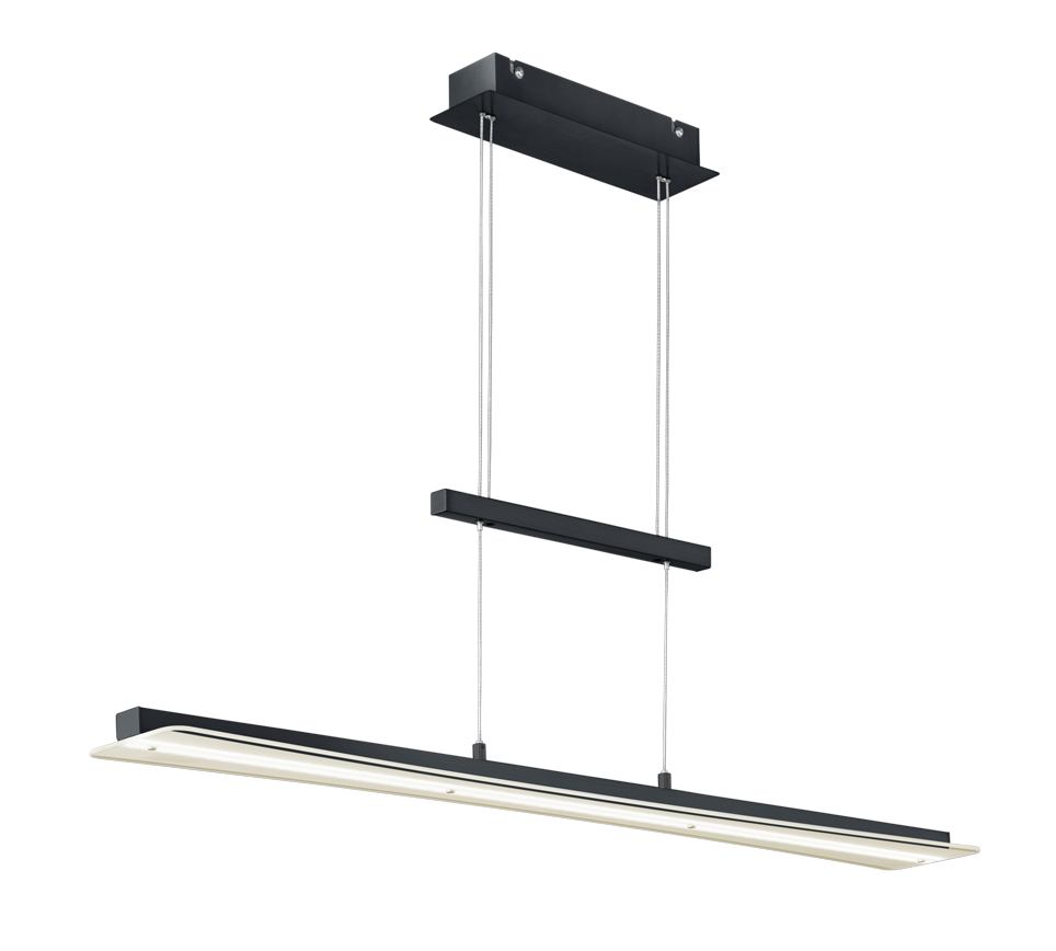 Een moderne, rechthoekige hanglamp met een strak zwart frame. Hij hangt aan het plafond met twee dunne draden en heeft een lineair, minimalistisch design met ingebouwde ledverlichting.