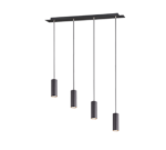 Een moderne lamp met vijf verticale cilindrische hanglampen, die in een gestapelde opstelling hangen. De cilinders zijn aan de bovenkant donker en gaan naar beneden over in een koperkleur.