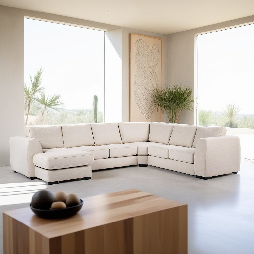 Ruime, moderne woonkamer met grote ramen met een beige hoekbank en een minimalistische houten salontafel. Kunst aan de muur en potplanten versterken de serene, luchtige sfeer.