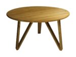 Een ronde houten tafel met een glad oppervlak en drie schuine poten, die een driepoot-achtige ondersteuning vormen. Het hout heeft een natuurlijke afwerking, waardoor de nerfpatronen worden benadrukt.