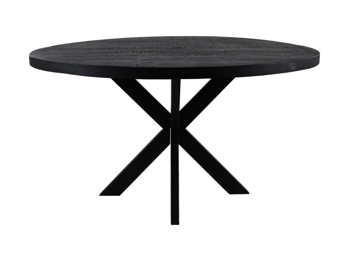 Een ronde zwarte tafel met een glad bovenoppervlak en een kruispootbasis. Het minimalistische ontwerp heeft vier poten die in het midden samenkomen, wat zorgt voor stabiliteit en een moderne esthetiek.