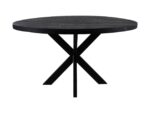 Een ronde zwarte tafel met een glad bovenoppervlak en een kruispootbasis. Het minimalistische ontwerp heeft vier poten die in het midden samenkomen, wat zorgt voor stabiliteit en een moderne esthetiek.