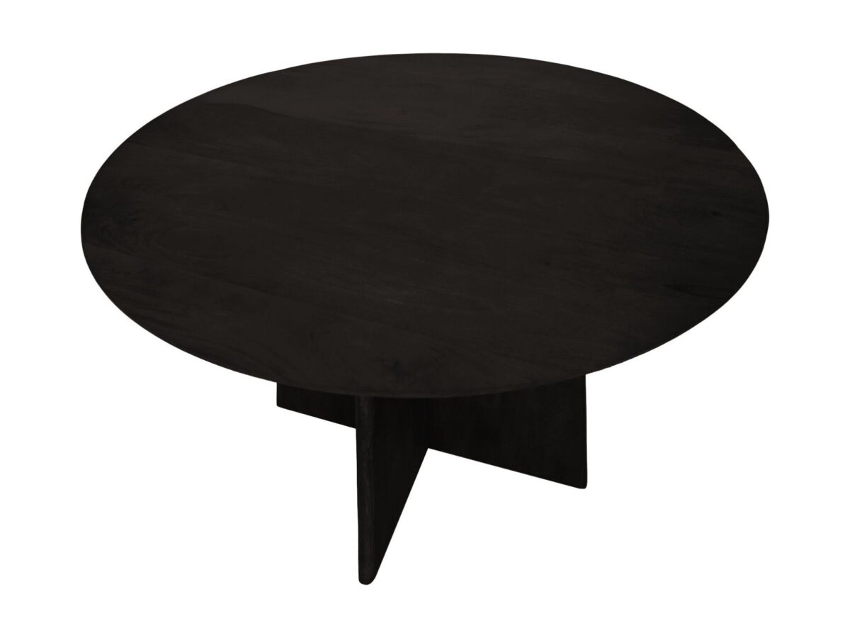 Een ronde, donkere houten salontafel met een minimalistisch design en een kruisvormige basis. De tafel heeft een glad, plat oppervlak en een moderne esthetiek. De achtergrond is wit.