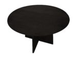 Een ronde, donkere houten salontafel met een minimalistisch design en een kruisvormige basis. De tafel heeft een glad, plat oppervlak en een moderne esthetiek. De achtergrond is wit.