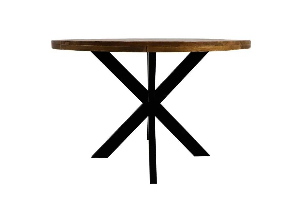 Ronde houten tafel met een donkerbruin blad en zwarte metalen X-vormige poten, van opzij gezien tegen een witte achtergrond.